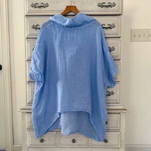 Ellamoda Blue Linen Lagenlook Hooded Top
